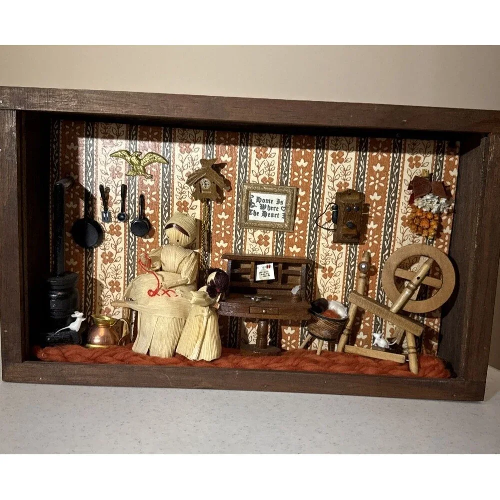 Vintage Corn Husk Doll Shadow Box Diorama Folk Art 1970s Cottage Core Farmhouse